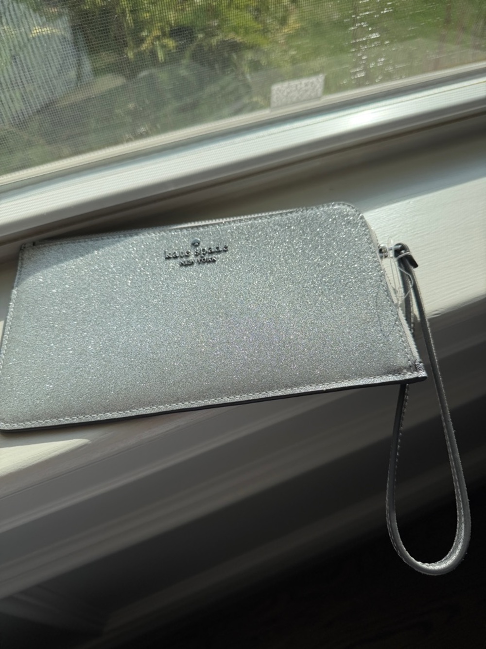 kate spade Silver Glitter Wristlet Clutch with Wrist Strap